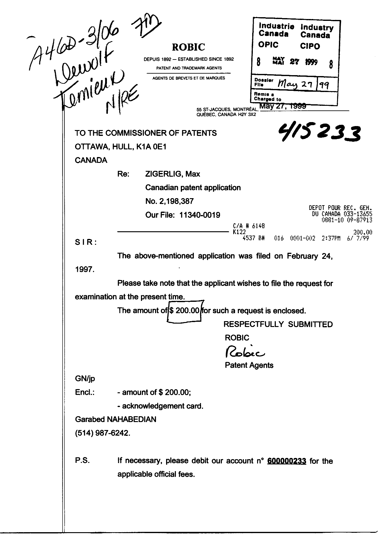 Canadian Patent Document 2198387. Prosecution-Amendment 19990527. Image 1 of 1