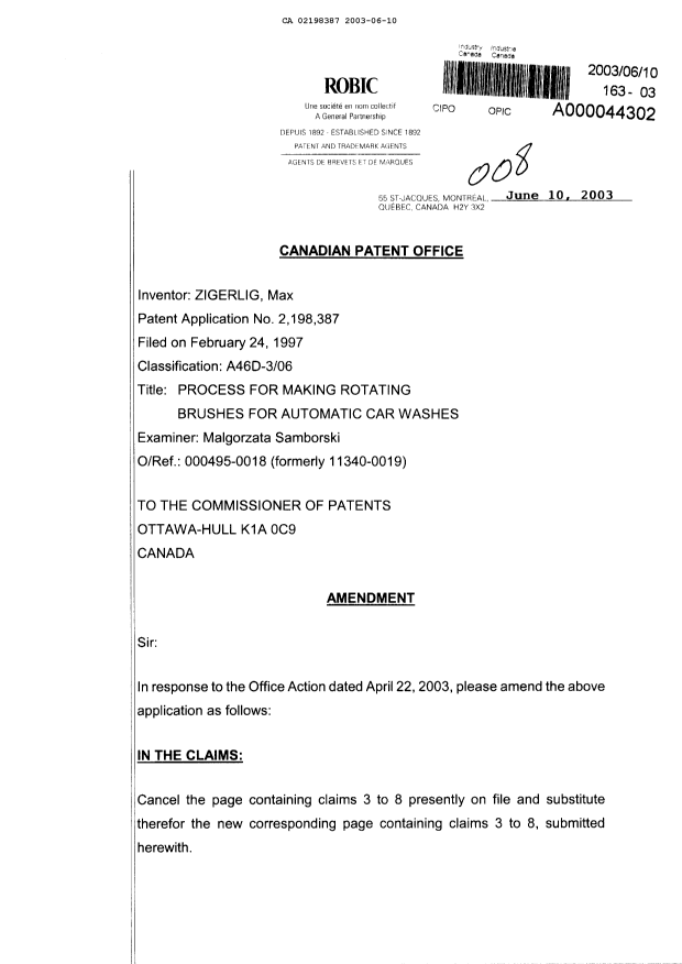 Canadian Patent Document 2198387. Prosecution-Amendment 20030610. Image 1 of 3