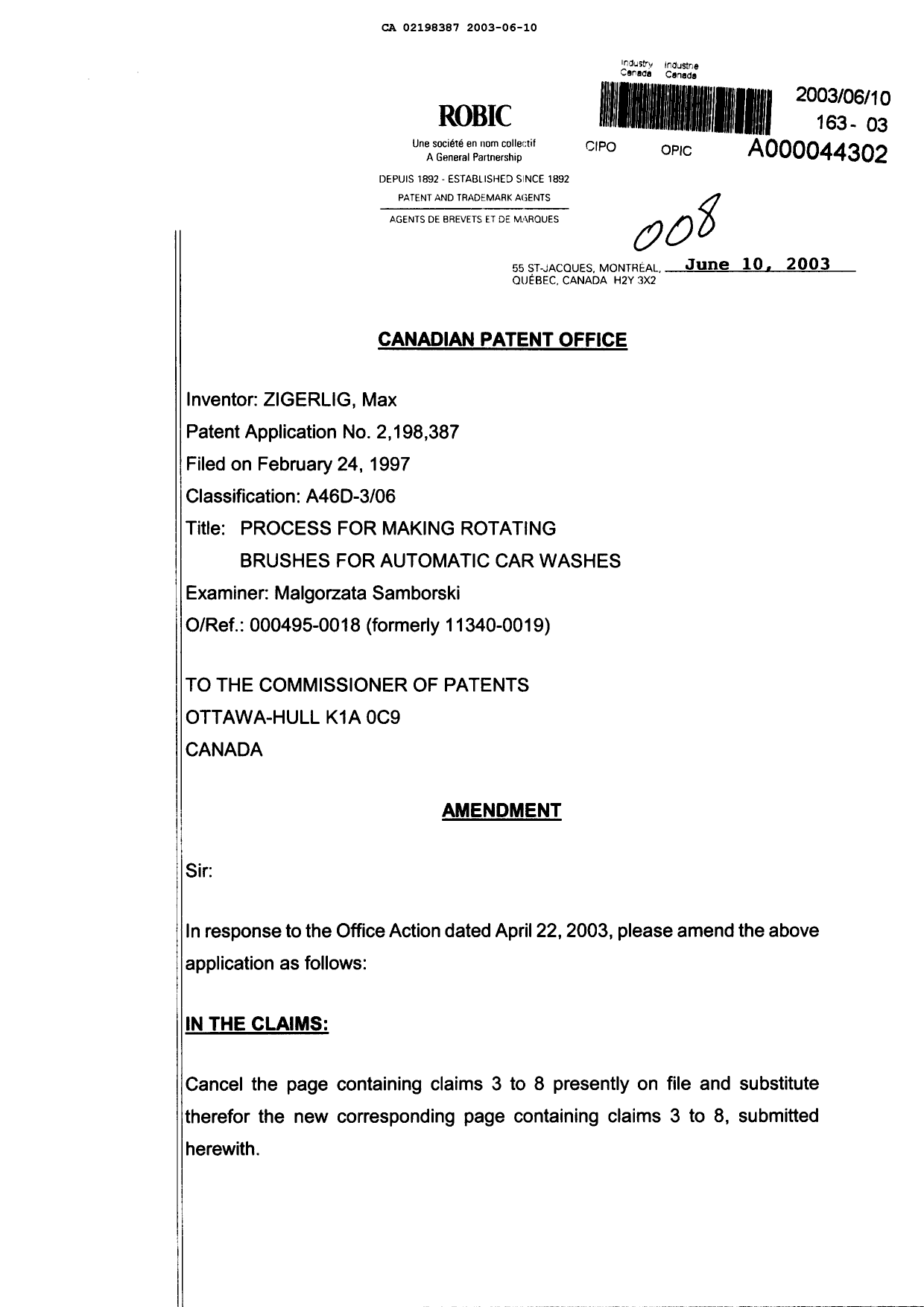 Canadian Patent Document 2198387. Prosecution-Amendment 20030610. Image 1 of 3