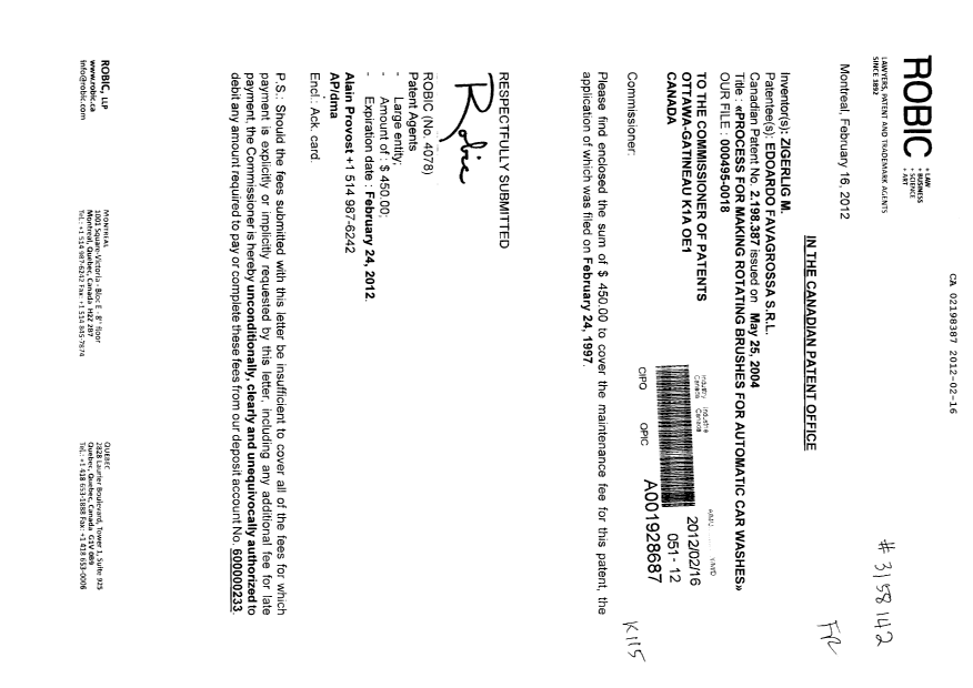 Canadian Patent Document 2198387. Fees 20120216. Image 1 of 1