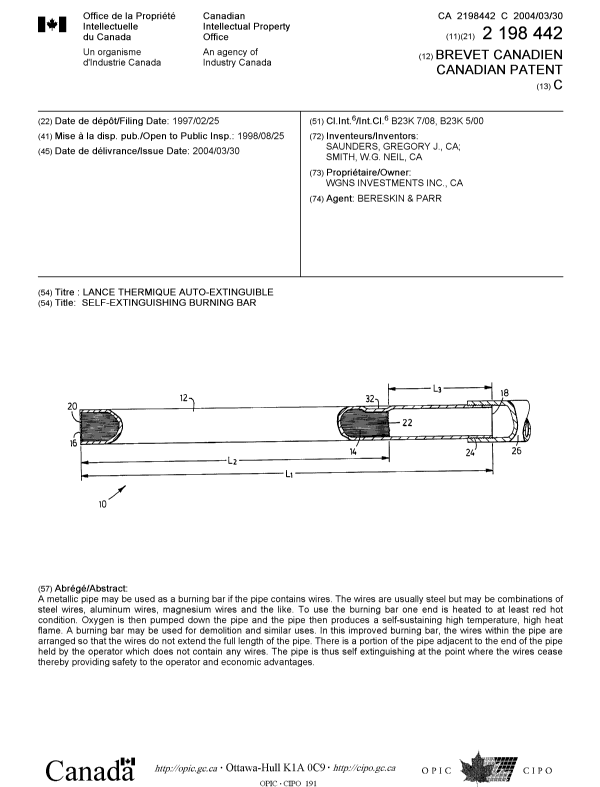 Canadian Patent Document 2198442. Cover Page 20040226. Image 1 of 1