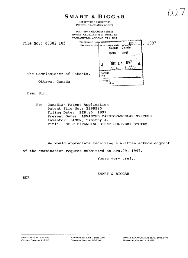 Document de brevet canadien 2198530. Poursuite-Amendment 19971211. Image 1 de 1