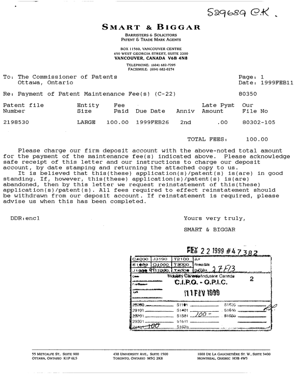 Document de brevet canadien 2198530. Taxes 19990211. Image 1 de 1