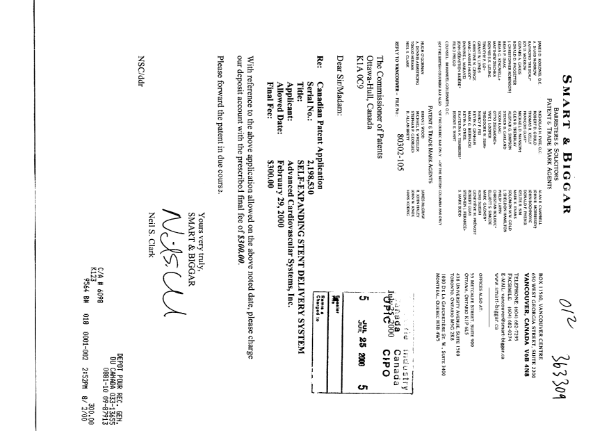 Document de brevet canadien 2198530. Correspondance 19991225. Image 1 de 1
