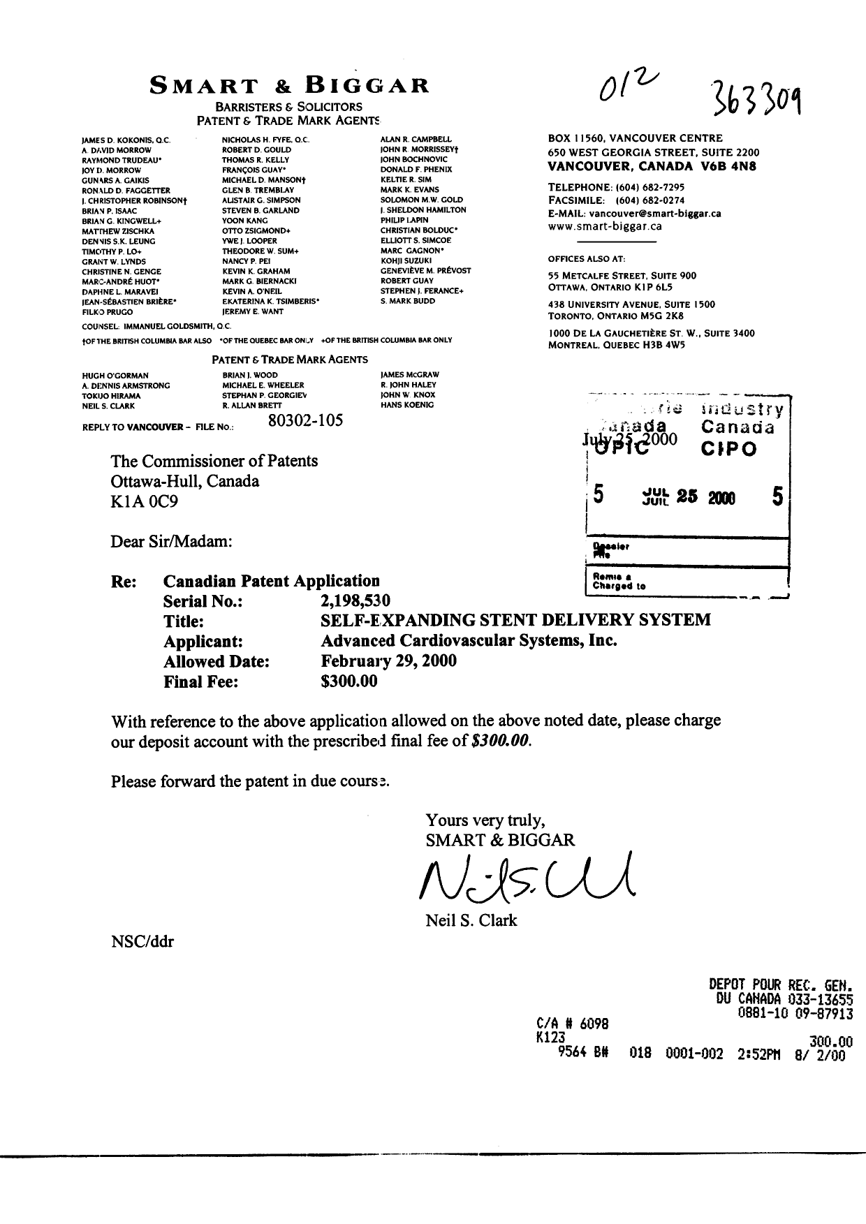 Canadian Patent Document 2198530. Correspondence 19991225. Image 1 of 1