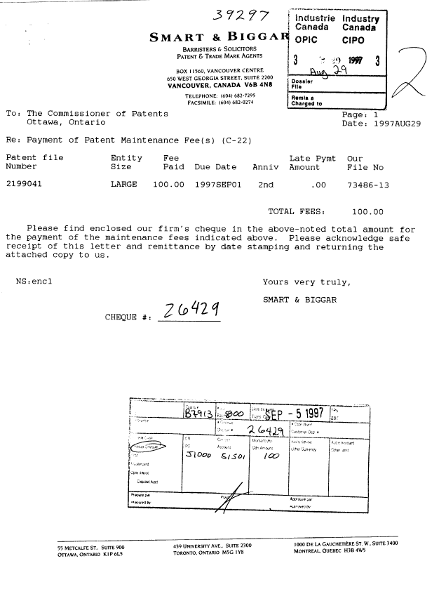 Document de brevet canadien 2199041. Taxes 19970829. Image 1 de 1