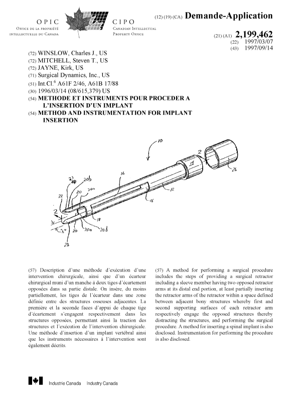 Canadian Patent Document 2199462. Cover Page 19961224. Image 1 of 1