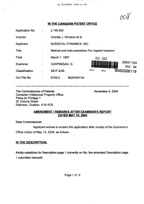 Canadian Patent Document 2199462. Prosecution-Amendment 20031204. Image 1 of 12