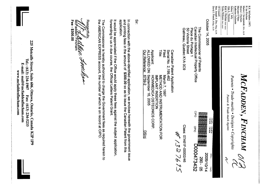Document de brevet canadien 2199462. Correspondance 20041214. Image 1 de 1