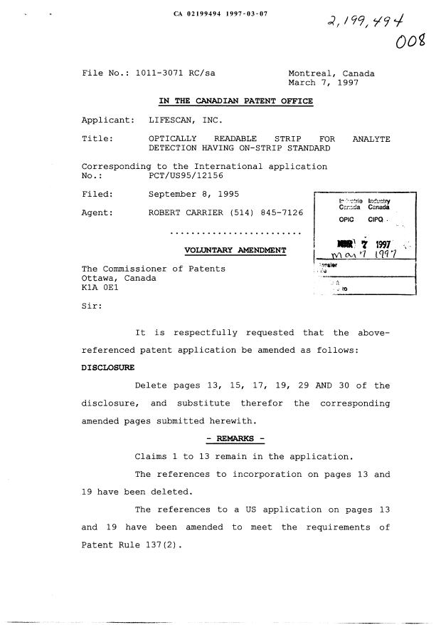 Canadian Patent Document 2199494. Prosecution-Amendment 19970307. Image 1 of 8