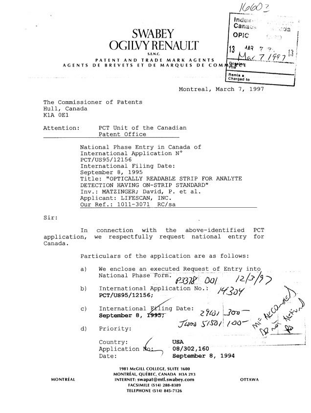 Document de brevet canadien 2199494. Cession 19970307. Image 1 de 5