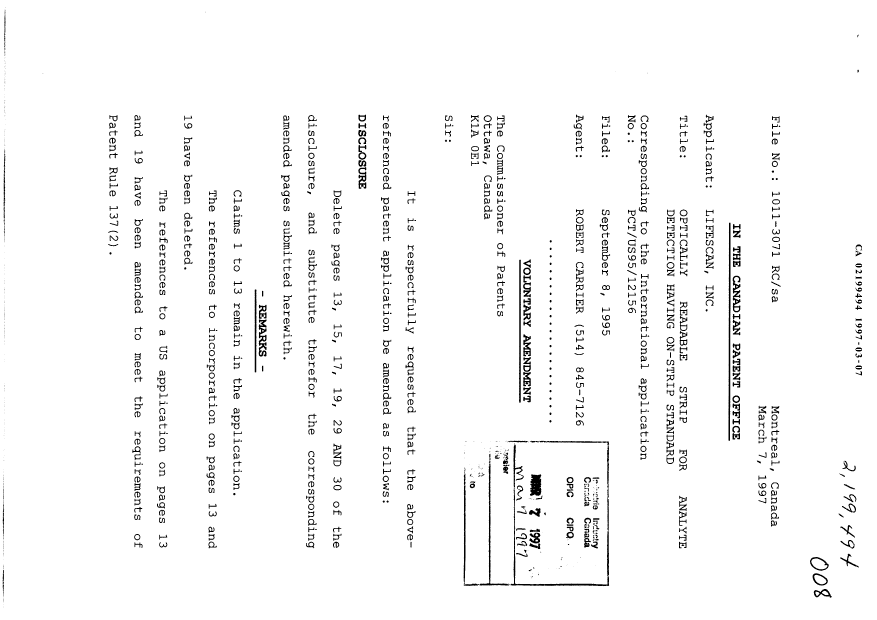 Canadian Patent Document 2199494. Prosecution-Amendment 19970307. Image 1 of 8
