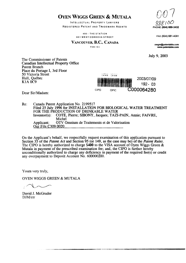 Canadian Patent Document 2199517. Prosecution-Amendment 20030709. Image 1 of 1
