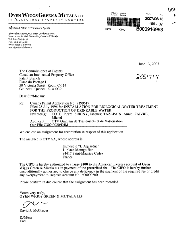Document de brevet canadien 2199517. Cession 20070613. Image 1 de 5