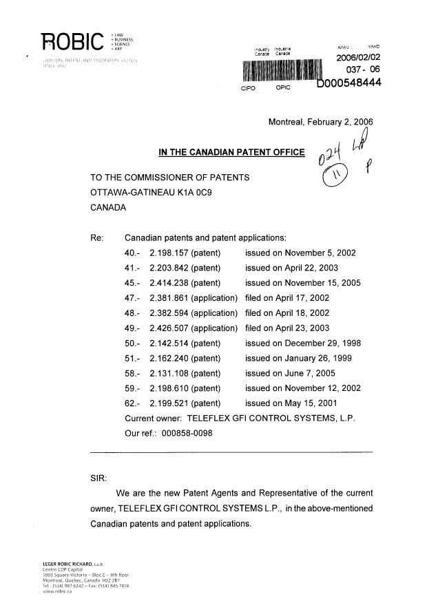 Document de brevet canadien 2199521. Correspondance 20060202. Image 1 de 10