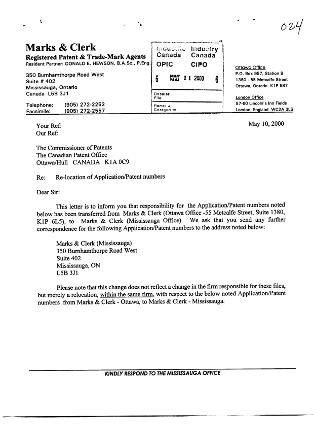 Canadian Patent Document 2199554. Correspondence 20000511. Image 1 of 2