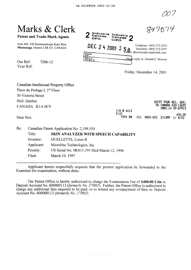 Canadian Patent Document 2199554. Prosecution-Amendment 20011224. Image 1 of 2