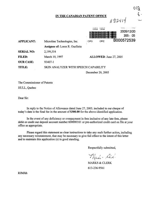 Canadian Patent Document 2199554. Correspondence 20051220. Image 1 of 1