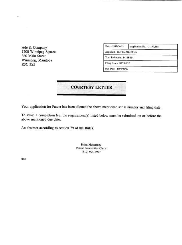 Document de brevet canadien 2199588. Correspondance 19970415. Image 1 de 1