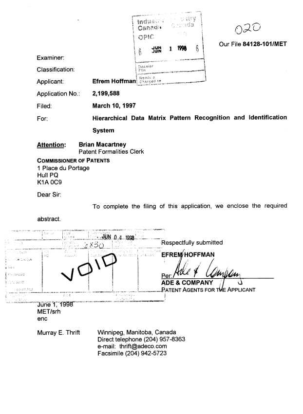 Document de brevet canadien 2199588. Correspondance 19980601. Image 1 de 3