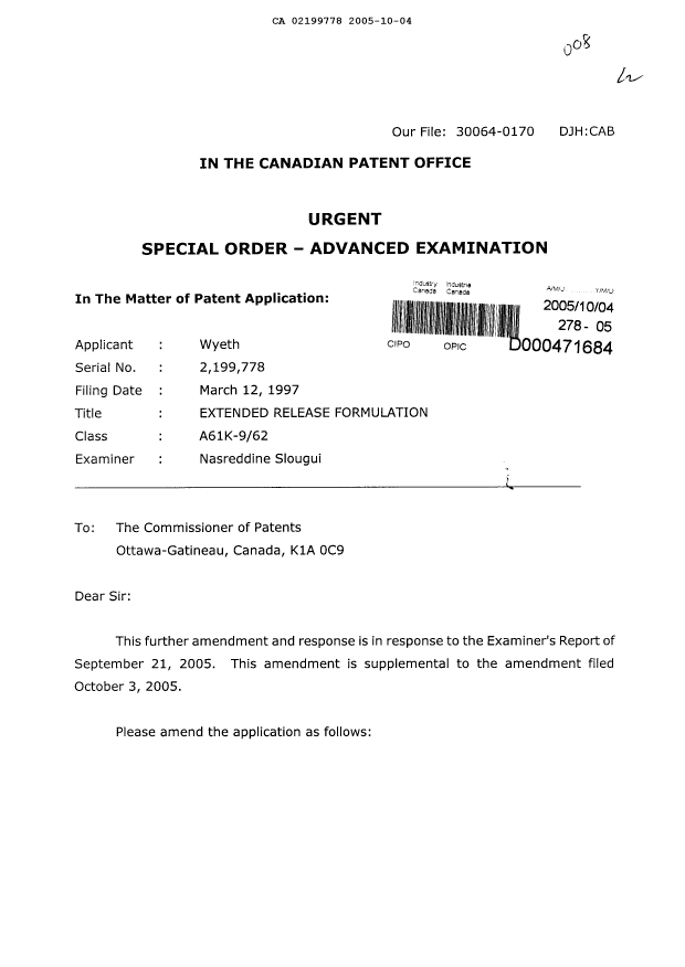 Canadian Patent Document 2199778. Prosecution-Amendment 20041204. Image 1 of 7