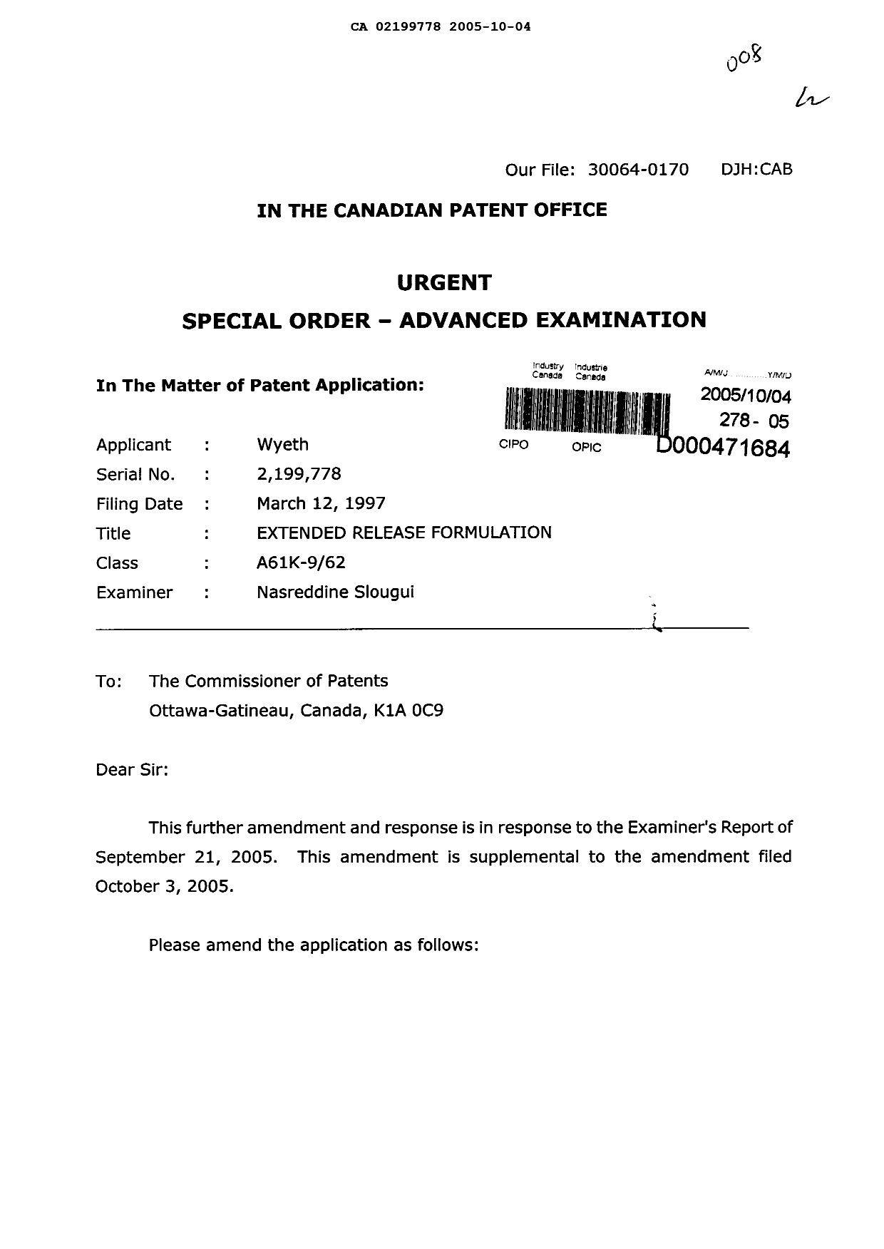 Document de brevet canadien 2199778. Poursuite-Amendment 20041204. Image 1 de 7