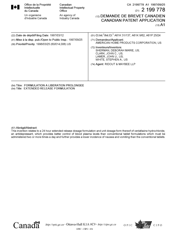 Canadian Patent Document 2199778. Cover Page 20041214. Image 1 of 1