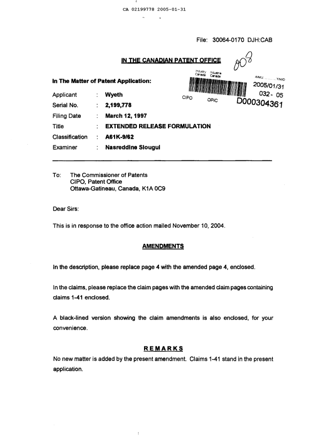 Document de brevet canadien 2199778. Poursuite-Amendment 20050131. Image 1 de 21