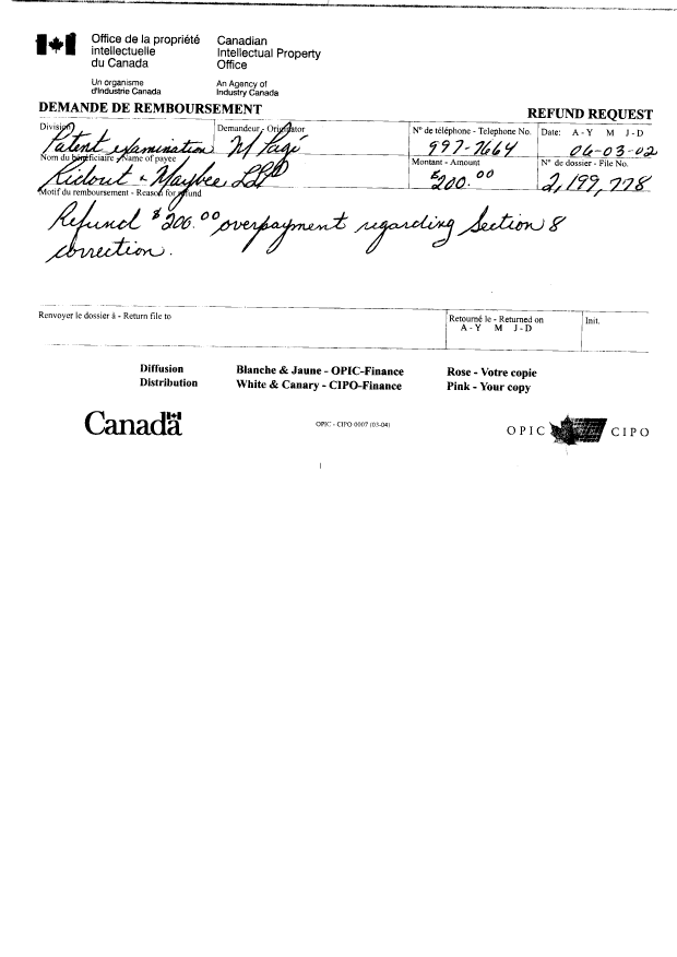 Canadian Patent Document 2199778. Prosecution-Amendment 20051202. Image 1 of 4
