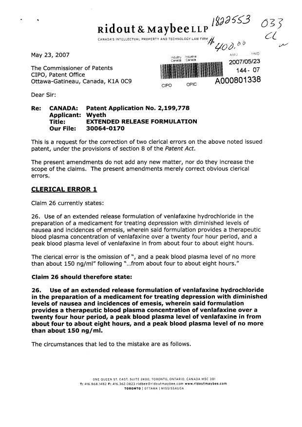 Canadian Patent Document 2199778. Correspondence 20061223. Image 1 of 3