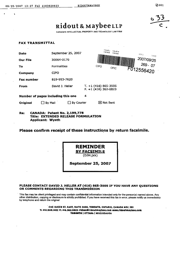 Canadian Patent Document 2199778. Correspondence 20061225. Image 1 of 4