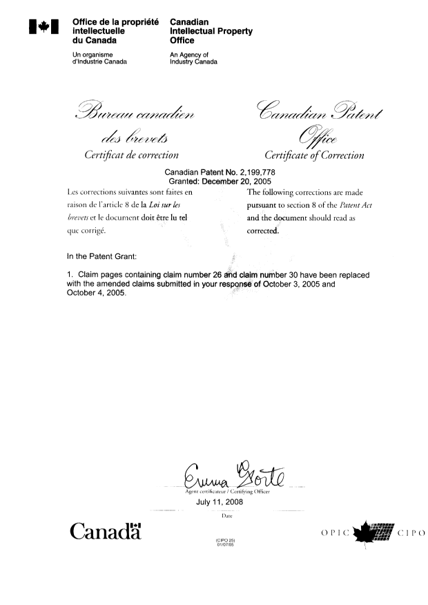 Canadian Patent Document 2199778. Prosecution-Amendment 20071211. Image 2 of 2