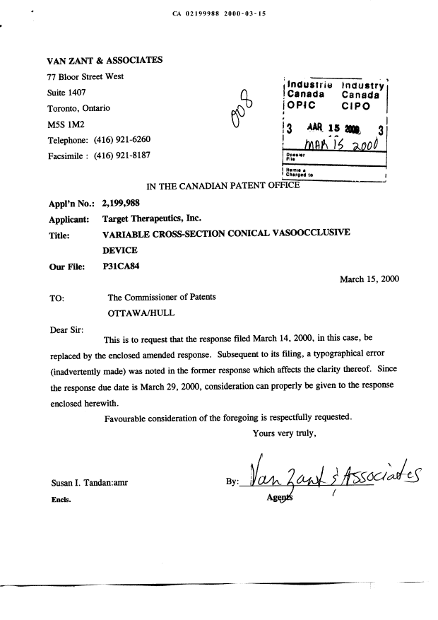 Canadian Patent Document 2199988. Prosecution-Amendment 20000315. Image 1 of 8