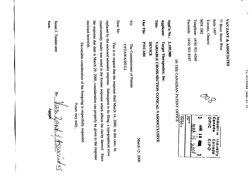 Canadian Patent Document 2199988. Prosecution-Amendment 20000315. Image 1 of 8