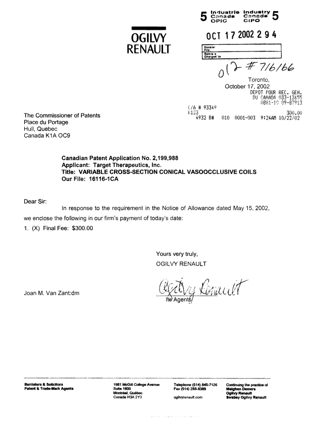 Canadian Patent Document 2199988. Correspondence 20011217. Image 1 of 1