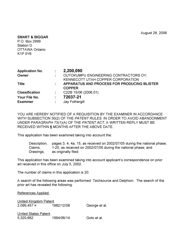 Canadian Patent Document 2200090. Prosecution-Amendment 20060828. Image 1 of 3