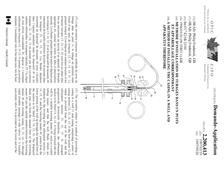 Canadian Patent Document 2200413. Cover Page 19971028. Image 1 of 2