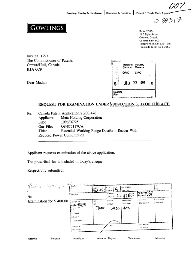 Canadian Patent Document 2200476. Prosecution-Amendment 19970723. Image 1 of 1