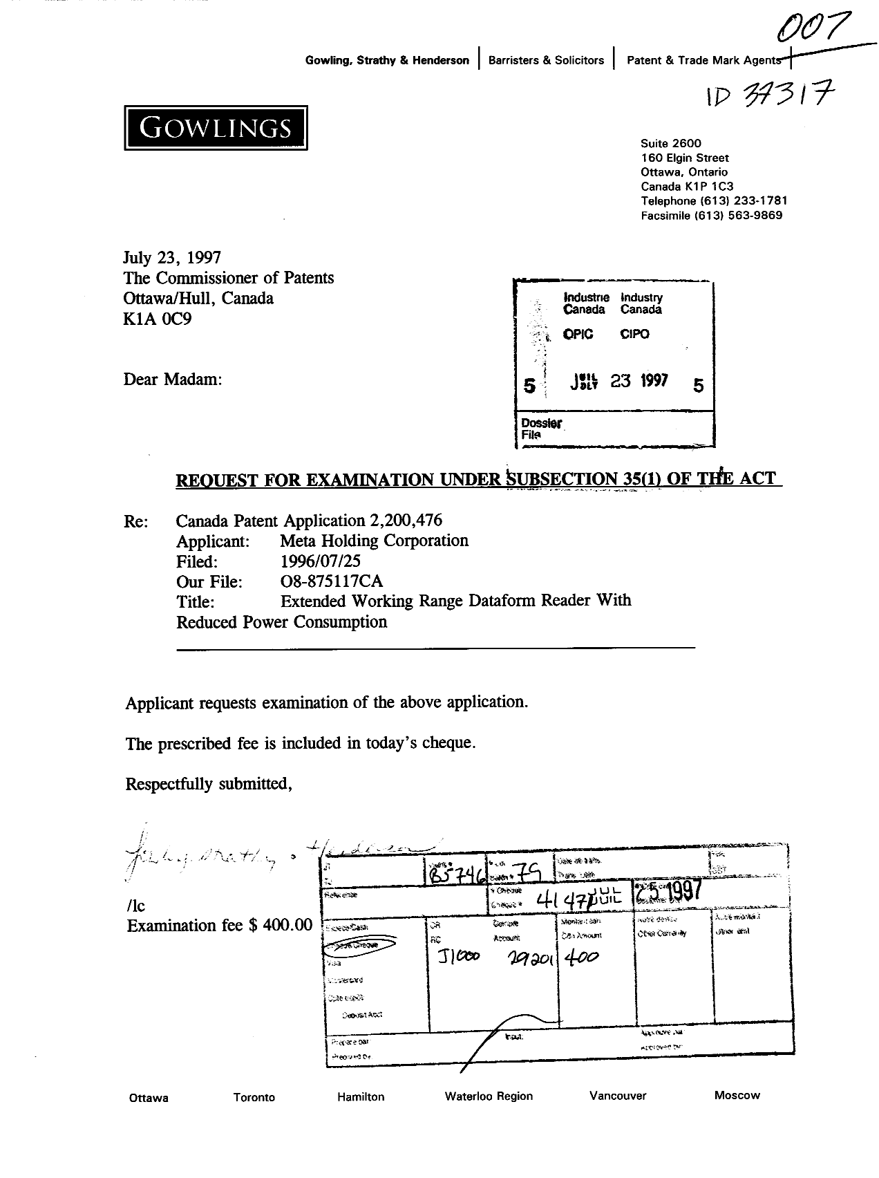 Canadian Patent Document 2200476. Prosecution-Amendment 19970723. Image 1 of 1