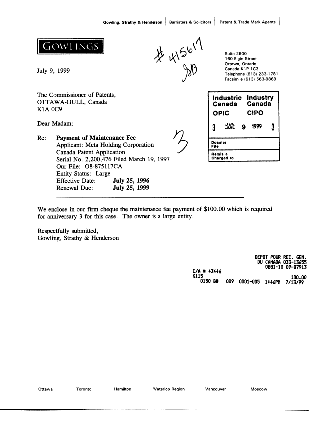 Document de brevet canadien 2200476. Taxes 19990709. Image 1 de 1