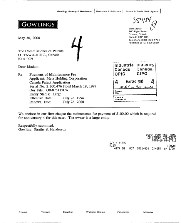 Document de brevet canadien 2200476. Taxes 20000530. Image 1 de 1