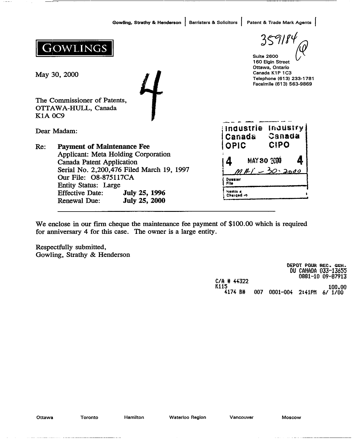 Canadian Patent Document 2200476. Fees 20000530. Image 1 of 1