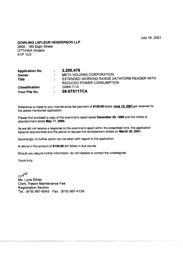 Document de brevet canadien 2200476. Correspondance 20010716. Image 1 de 2