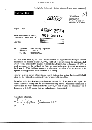 Canadian Patent Document 2200476. Prosecution-Amendment 20010801. Image 1 of 4