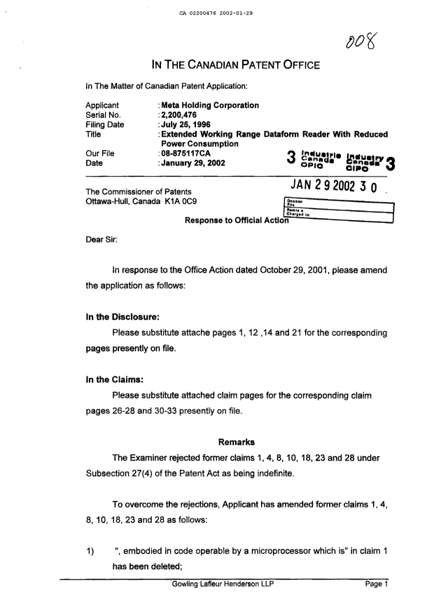 Document de brevet canadien 2200476. Poursuite-Amendment 20020129. Image 1 de 16