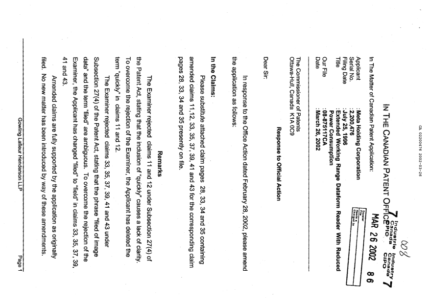 Canadian Patent Document 2200476. Prosecution-Amendment 20020326. Image 1 of 6