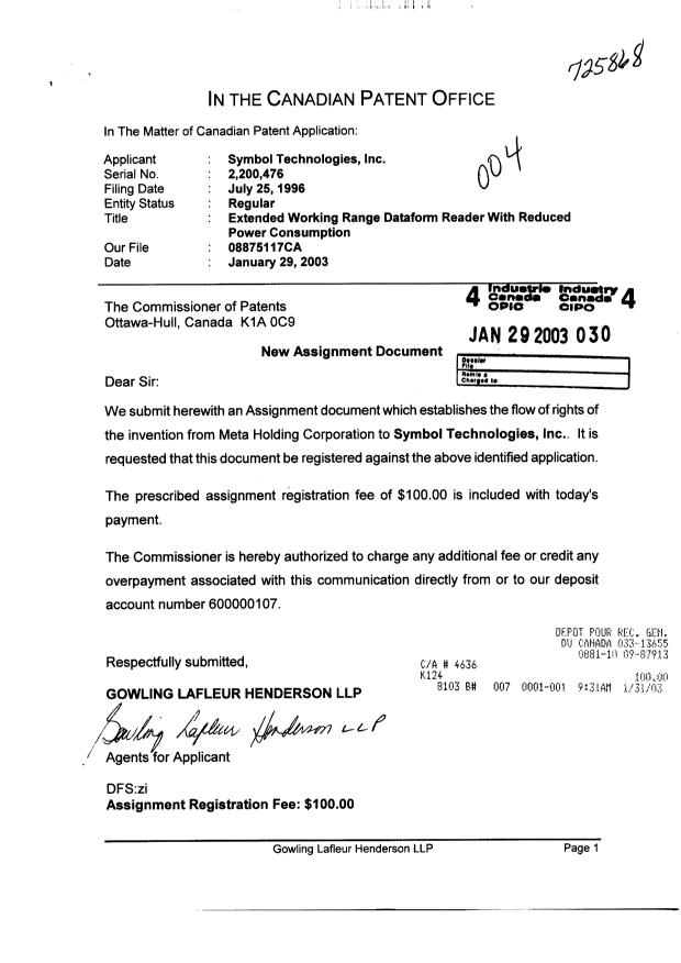 Document de brevet canadien 2200476. Cession 20030129. Image 1 de 3