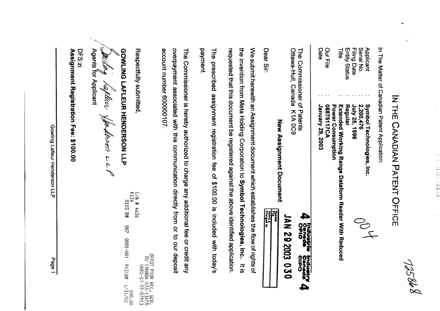 Canadian Patent Document 2200476. Assignment 20030129. Image 1 of 3