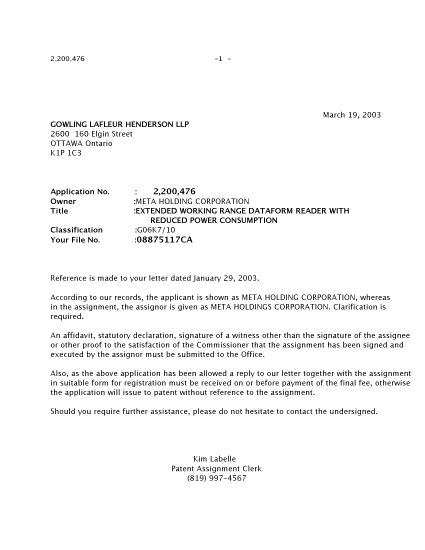 Document de brevet canadien 2200476. Correspondance 20030319. Image 1 de 1