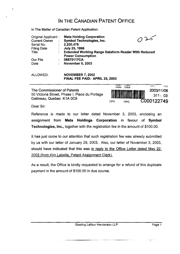 Document de brevet canadien 2200476. Cession 20031106. Image 1 de 2